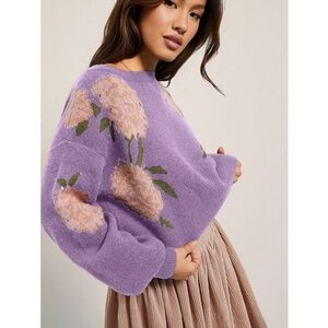 Floral Print Purple Knit Round Neck Long Sleeve Pullover Sweater